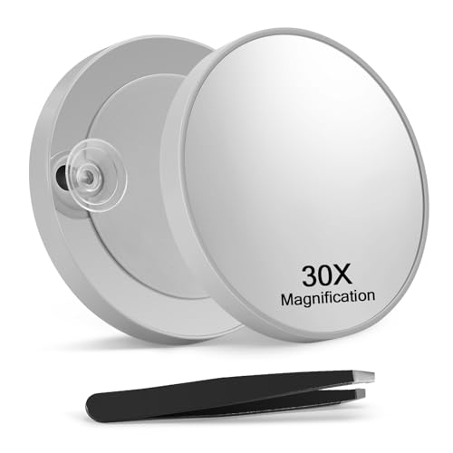 Macaki 30X Magnifying Mirror with 2 Suction Cups, 3.5 inches Magnified Makeup Mirror and Slant Tweezers,Grey,1PC - color: Grey-30x