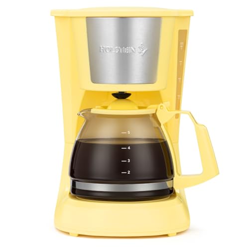 Holstein Housewares 5 Cup Drip Coffee Maker – Compact and User-Friendly with Auto Pause & Serve, Reusable Filter, Measuring Spoon & Glass Carafe, Office & Dorm Use, Yellow - color: Yellow, size: 5 Cup