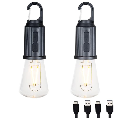 2 Pack Rechargeable Camping Lights, Hanging LED Tent Bulbs with Hook, 3 Lighting Modes Portable Lanterns for Camping, Hiking, Backpacking & Emergency Outages (Black) - color: Camp Light, Conical, size: 2-Pack