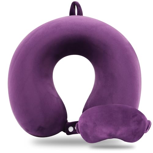 Sexysamba Pure Memory Foam Travel Pillow Set for Adults - Comfortable & Removable Machine Washable Cover, Neck Support Pillow Airplane Travel Kit with Eye Mask for Portable Plane Accessories - Purple - color: Purple