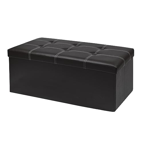 30 Inches Folding Storage Ottoman Bench, Faux Leather Footrest Ottoman, Storage Trunk Footstool for Bedroom, Living Room and Hallway, Support 350lbs, Black (White line) - color: Black(white Line)