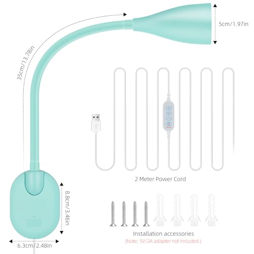 LED Wall Mounted Bedside Reading Light, 3 Color Modes,10 Brightness Dimmable, USB Charging Port, Adhesive Wall Lamp Night Light for Books in Bed, Flexible Neck Eye-Caring Bedroom Lighting Teal - color: Teal