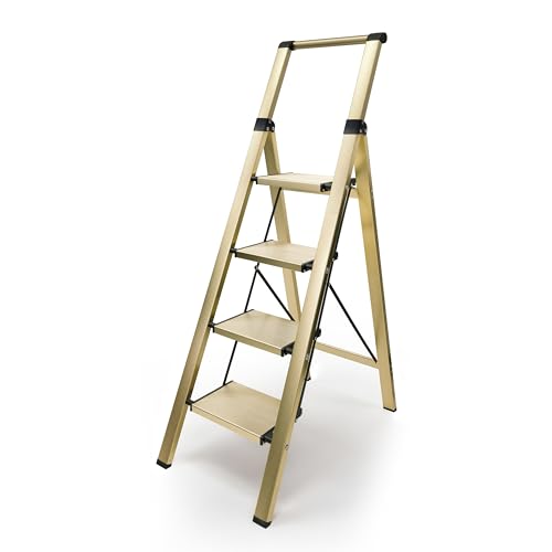 Aluminium 4 Step Ladder Folding Stool-330lb Capacity Ladders with Anti-Slip Wide Pedal Portable Kids/Adults, Lightweight Ladder, Portable Multi-use Scene for Home/Kitchen/Office/Garden/Yard - color: Golden, size: 4 Step-Handle