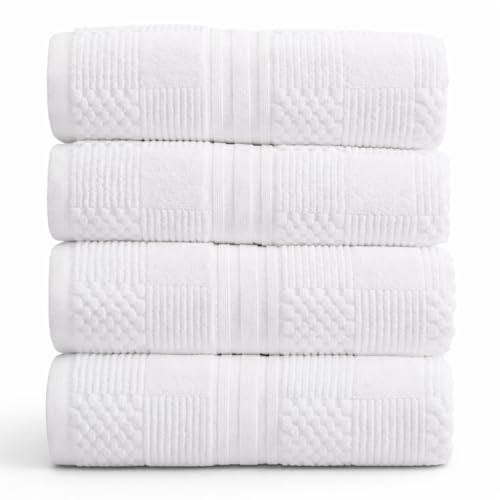 Springtree Home 100% Cotton Bath Towel Set of 4 | White Towels | Geometric Textured Design | Absorbent & Quick-Dry | 4 Bath Towels | Oeko-TEX® Standard 100 Cotton | Myla Collection - White - color: Bright White, size: Bath Towel (4 Pack)