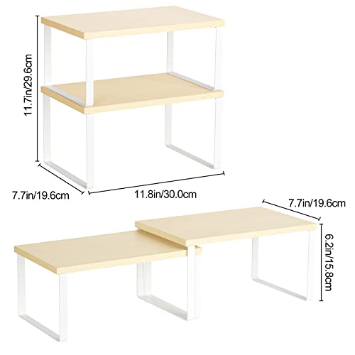 Counter Shelves Set of 4 Stackable Kitchen Cabinet Organizer Shelf and Expandable Wood Countertop Shelves for Bathroom Study Room, White - color: White