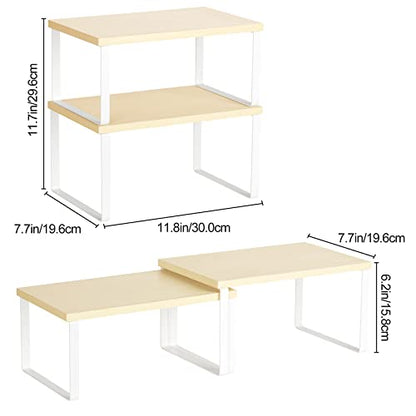 Counter Shelves Set of 4 Stackable Kitchen Cabinet Organizer Shelf and Expandable Wood Countertop Shelves for Bathroom Study Room, White - color: White