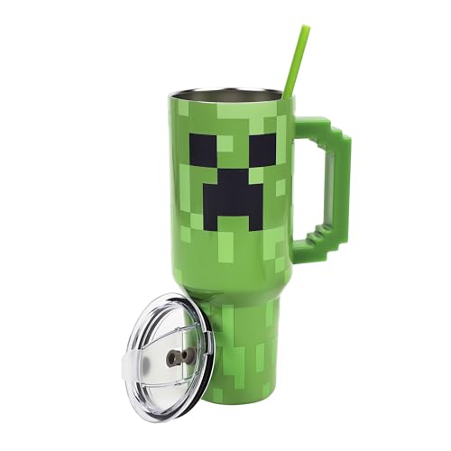 Bioworld Minecraft Creeper Ultimate 40 Oz. Stainless Steel Tumbler With Pixelated Handle - color: Minecraft Creeper Ultimate Green