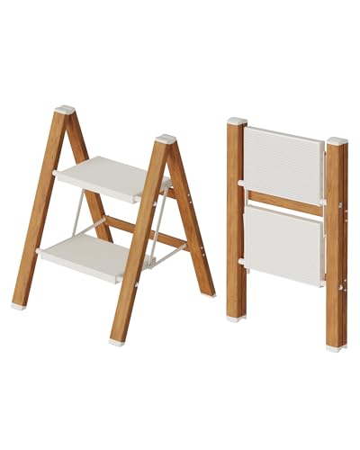 Mayi Plus 2-Step Aluminum Ladder,Lightweight Folding Step Stool with Extra-Wide Anti-Slip Steps,330 lbs Capacity,Compact Space-Saving Design for Home,Kitchen and Office（White&Woodgrain） - color: White&woodgrain, size: 2 Step