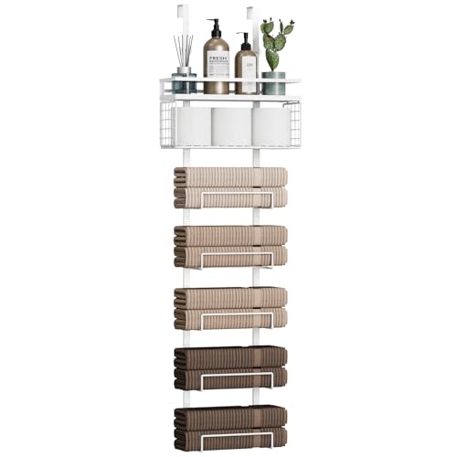 Aetyord Towel Racks for Bathroom Over The Door Towel Racks Towel Storage Organizer with Metal Shelf Basket for Bathroom Rv Camper (7-Tier White) - color: White, size: 7tier