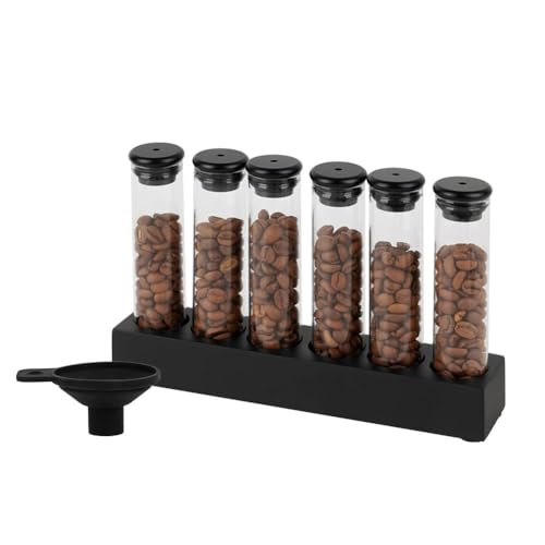 watchget Coffee Bean Container 6PCS Coffee Bean Cellars Tubes Single Dose Coffee Bean Storage with One-Way Exhaust Valve & Black Stand & Silicone Funnel- Organized Storage Solution - color: Black Aluminum Lid 6PCS