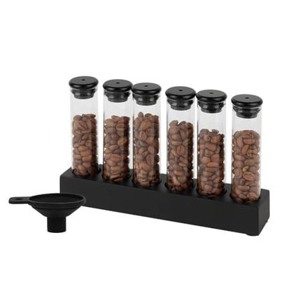 watchget Coffee Bean Container 6PCS Coffee Bean Cellars Tubes Single Dose Coffee Bean Storage with One-Way Exhaust Valve & Black Stand & Silicone Funnel- Organized Storage Solution - color: Black Aluminum Lid 6PCS