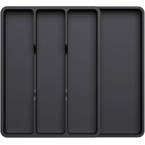 Lifewit Utensil Organizer for Kitchen Drawer, Expandable Cooking Silverware Tray, Adjustable Cutlery Flatware Holder, Plastic Spatula Tools Storage Divider, 17.3 x 15.8", Black - color: Black, size: 17.3 × 15.8 × 1.8 inch (4 Slots)