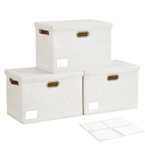 17" Large Collapsible Storage Bins with Lids, Stackable Closet Organizers with PU Handle and Labels, 3-Pack Decorative Fabric Storage Boxes for Home, Bedroom, Closet, Office, Nursery(White) - color: White, size: Large-17"