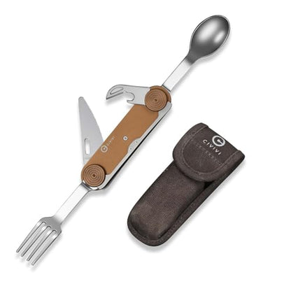 CIVIVI Partake 4-in-1 Camping Utensil, Detachable Stainless Steel Folding Knife, Fork, Spoon & Bottle Opener Multi-Tool, with Waxed Canvas Pouch for Travel Camping Hiking, C24032C-2, Coyote Brown - color: Coyote Brown