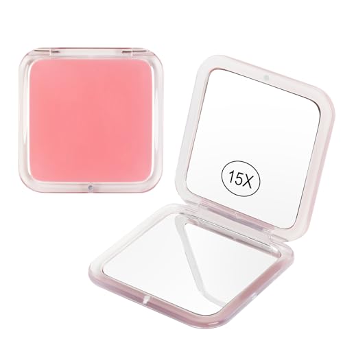 15x Magnifying Compact Mirror for Purses and Travel - Handheld 2 Sided 15x/1x Makeup Mirror - Slim Pocket Mirror, Portable & Foldable Square 3.3” x 3.3” (Pink) - color: Pink