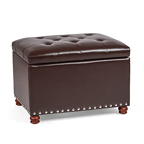 Leather Ottoman with Storage,24’’Foot Rest Ottomans with Hinged Lid Rectangle Upholstered Foot Stools Nailhead Trim for Living Room Bedroom,Dark Brown - color: Dark Brown With Button