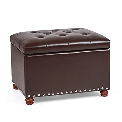 Leather Ottoman with Storage,24’’Foot Rest Ottomans with Hinged Lid Rectangle Upholstered Foot Stools Nailhead Trim for Living Room Bedroom,Dark Brown - color: Dark Brown With Button