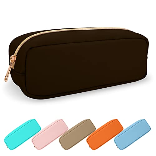 Small Pencil Case Makeup Bag for Purse, Cute Pencil Pouch Preppy Nylon Makeup Brush Bag with Zipper , Girls Portable Stationery Storage Case Small Pen Bag for Office School College(Slim-Chocolate) - color: Chocolate, size: Slim