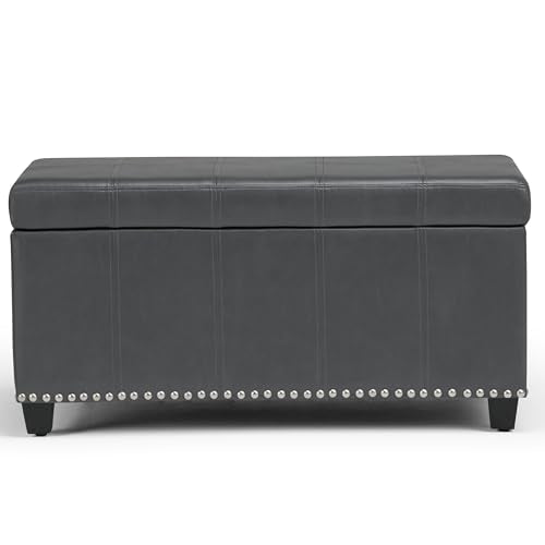 SIMPLIHOME Amelia Storage Ottoman - 33 inch Wide Vegan Leather Rectangle Storage Ottoman Bench in Stone Grey, Transitional Ottoman for Living Room with Nailhead Trim and Lift-Up Lid - color: Stone Grey