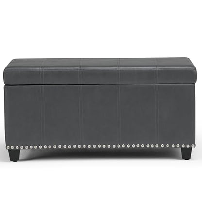SIMPLIHOME Amelia Storage Ottoman - 33 inch Wide Vegan Leather Rectangle Storage Ottoman Bench in Stone Grey, Transitional Ottoman for Living Room with Nailhead Trim and Lift-Up Lid - color: Stone Grey