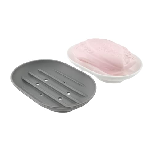 BlingKingdom 2 PCS Silicone Soap Dish Holders, Anti-Slip Portable Self Draining Soap Holder for Shower, Bathroom, Kitchen (White and Grey)