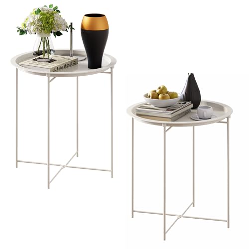 End Table Set of 2, Outdoor Side Table, Small Patio Round Folding Metal Side Tables for Outdoor,Living Room,Bedroom Balcony and Office, 2 PCS - color: White