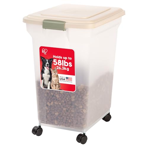 IRIS USA Dog Food Storage Container 58 lbs, Attachable Wheels, for Dog Cat Birds and other Pets, Food Storage Bin, Keep Fresh, Easy Mobility, BPA Free - Made in the USA, Almond/Clear - color: Almond, size: 58 lbs