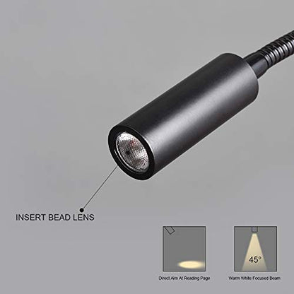 Wall Mounted Reading Light Touch Switch Dimmable LED 3W Warm White 3000K AC Adaptor (Black)