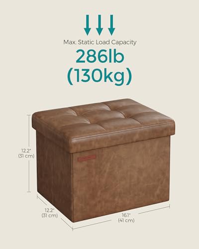 SONGMICS Small Folding Storage Ottoman, Foot Rest Stool, Cube Footrest, Synthetic Leather, 12.2 x 16.1 x 12.2 Inches, 286 lb Capacity, for Living Room, Bedroom, Dorm, Coffee Brown ULSF100K01 - color: Coffee Brown, style: Synthetic Leather