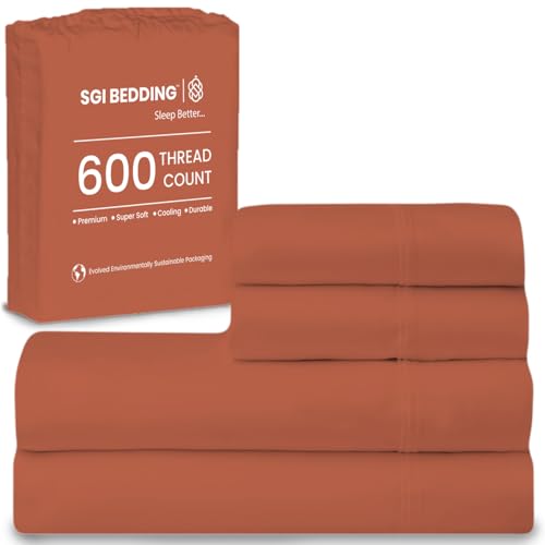 SGI bedding Twin XL Bed Sheets Set – Premium 600 TC Egyptian Cotton, Crisp Cooling Sateen Weave, Extra Soft Hotel Collection, Fits Mattresses Up to 16 Inch Deep, Breathable Long Lasting – Terracotta - color: 15 - Terracotta, size: Twin XL