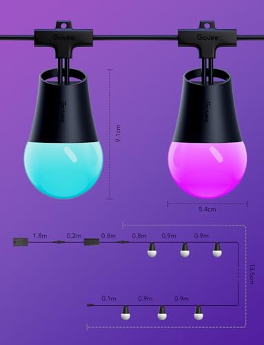 Govee Smart Outdoor String Lights 2, 48ft Outdoor Lights with Dimmable Warm White LED Bulbs, 47 Scene Modes for Patio, Backyard, Balcony, IP65 Waterproof, Works with Alexa, App Control - size: 48ft