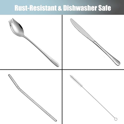 Travel Utensils Set with Steel Case, 6-Piece 18/8 Stainless Steel Spork and Reusable Straw Kit, Silent Locking Design, Portable Silverware for Camping, Office & Eco-Friendly Travel