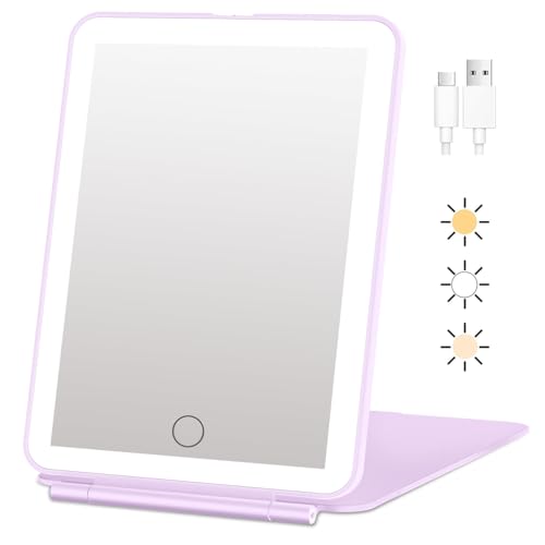 FUNTOUCH Rechargeable Travel Makeup Mirror Lights, Portable 72 Led Lighted Makeup Mirror, 3 Color Lighting, Dimmable Touch Screen, Type C, Tabletop LED Folding Cosmetic Vanity Mirror-Purple - color: Purple