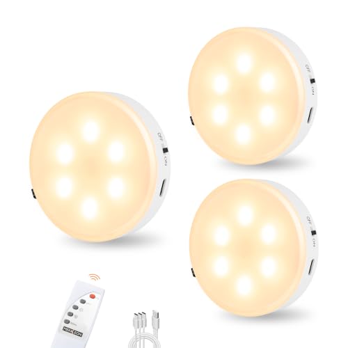 Puck Lights with Remote Control,1000mAh Rechargeable Under Cabinet Lighting,3Pack LED Closet Tap Light,Cordless Stick On Lights for Under Cabinet,Hallway,Stairway,Closet (Warm White) - color: Warm White, size: 3PCS