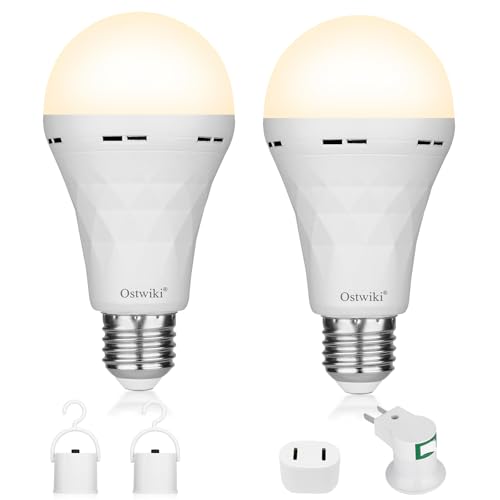Ostwiki 2 Pack Rechargeable Light Bulb,Emergency Light Bulbs for Power Outage Hurricane Camping A21 9W E27 3000K Warm Battery Backup Soft Light Bulbs for Lamps,Battery Bulb - color: 3000k Warm White, size: 2 Pack