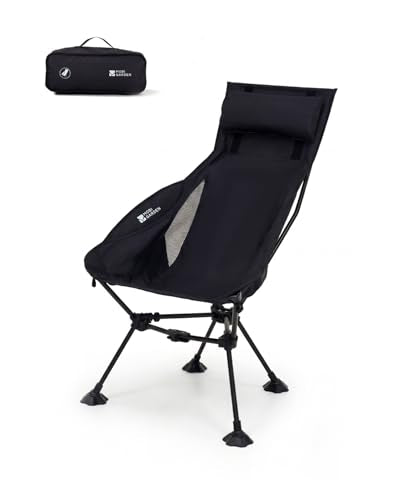 MOBI GARDEN High Back Camping Chair, 400lb Heavy Duty Portable Folding Chair with Adjustable Headrest, Ultralight Moon Chair with Universal Anti-Sinking Feet and Side Pocket for Beach, Hiking, Picnic