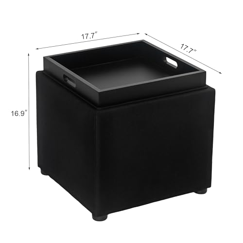 Adeco Square Storage Ottoman with Reversible Tray Top, 17-inch Linen Cube Footrest & Coffee Table for Living Room, Bedroom & Small Spaces, Black - color: Black With Tray
