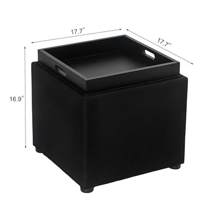 Adeco Square Storage Ottoman with Reversible Tray Top, 17-inch Linen Cube Footrest & Coffee Table for Living Room, Bedroom & Small Spaces, Black - color: Black With Tray