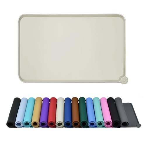 Reopet Silicone Pet Feeding Mat - Waterproof & Non-Slip Dog Cat Placemat | High Raised Edges Prevent Food & Water Spills to Protect Floors, Easy to Clean, Fit for Dog Cat Bowls - color: Beige, size: 28" x 18"