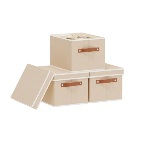 Fabric Storage Boxes with Lids, 10.2×7.8×6.7 Inch Clothes Bins for Shelves, Closet Organizers for Organizing with Handles, Beige, 3-Pack - color: Beige, size: Narrow（3 Pack）