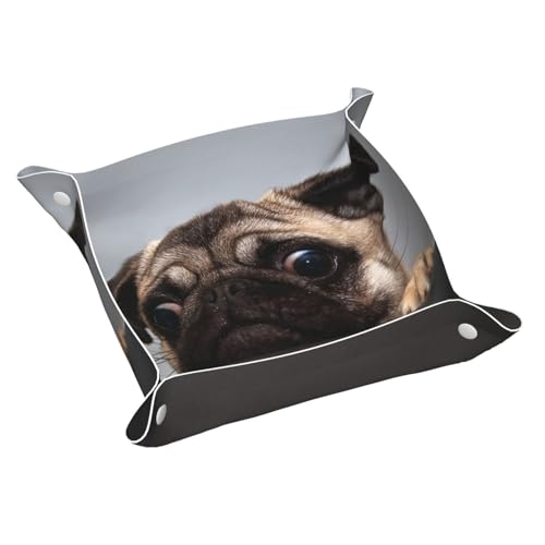 Cute Pug Dog Print Leather Vanity Tray Desktop Storage Organizer Decorative Catchall Perfume Tray Bathroom Valet Tray Nightstand Caddy Holder for Remote Controller Keys Phone Wallet Coin Jewelry, S - color: Cute Pug Dog Print, size: 7.9" x 7.9" x 0.2"