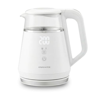 OVENTE 1L Small Electric Kettle with 5 Temperature Preset, Digital Display, 5Hr Keep Warm, Auto Shut-Off, Double-Wall Cool Touch Exterior, Borosilicate Glass,1500W BPA Free Water Boiler, White KD95W - color: White