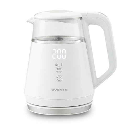 OVENTE 1L Small Electric Kettle with 5 Temperature Preset, Digital Display, 5Hr Keep Warm, Auto Shut-Off, Double-Wall Cool Touch Exterior, Borosilicate Glass,1500W BPA Free Water Boiler, White KD95W - color: White