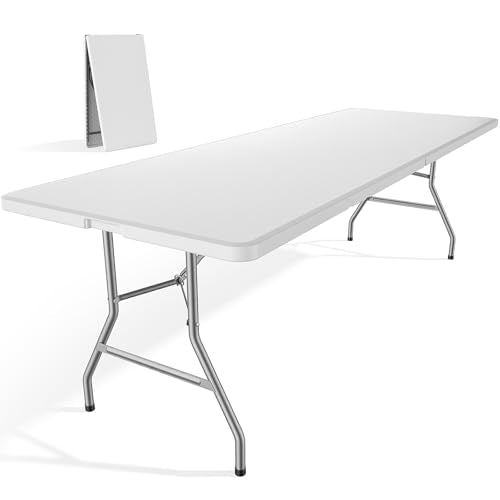 DUMOS 8 FT Folding Picnic Table Simple to Fold and Keep, 3.8 FT Foldable Table for Camping Dining Party Kitchen Picnic Outdoor Indoor with Carrying Handle - color: Basic White, size: 8 FT