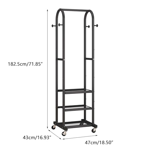 Dttwacoyh Metal Clothing Rack with Wheels and Hanging Hooks,Narrow Coat and Shoe Rack,Small Hall Tree,for Small Space, Bedroom, entryway, Walk-in Closet, Laundry Room– Black - color: Black