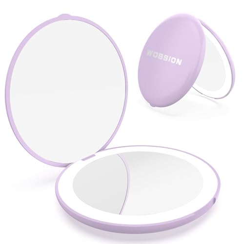 WOBSION Travel Compact Mirror,Portable 1x/10x LED Makeup Mirror with Magnification,Handheld 2-Sided Pocket Mirror, 3.5in Small Mirror for Purse,Handbag,Gift,Purple - color: 3.5inch Battery Purple