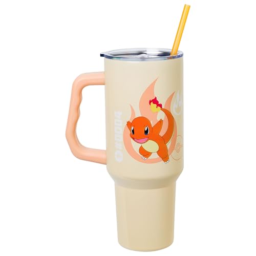 Silver Buffalo Pokémon Featuring Charmander Stainless Steel Tumbler with Handle, Fits in Standard Cup Holder, 40 Ounces - color: Charmander Pokemon