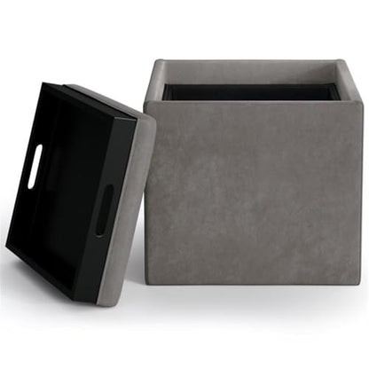 SIMPLIHOME Rockwood Cube Storage Ottoman with Tray - 17" Wide x 17" High Upholstered Vegan Leather Square Storage Ottoman in Distressed Slate Grey, Contemporary Cube Ottoman with Serving Tray - color: Distressed Slate Grey