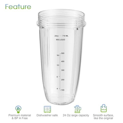 MEET JUICE 7-Fin Blender Replacement Parts for Ninja BL480 BL640 BL642 – 24oz Cup with Lid and Blade, Fits 7-Fin Drive Systems Only