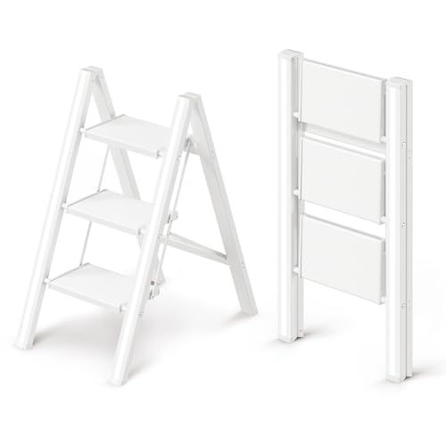 3 Step Ladder, Folding Step Stool with Wider Pedal, Anti-Slip Feet & Non Slip Stripes, Aluminum Sturdy Material, 300Lbs Capacity, Elegant Look of Modern White Better Matches Your Home - color: White, size: 3 Step